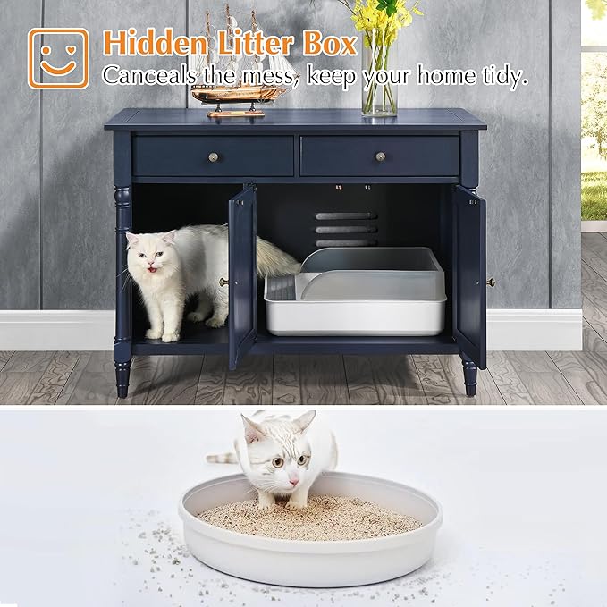 Pet Litter Box Enclosure, Hidden Litter Box Furniture with Storage Shelf, Indoor Cat House with 2 Drawers, Wooden Cat Washroom Modern Console, Pet Storage Cabinet, Fit Most of Litter Box