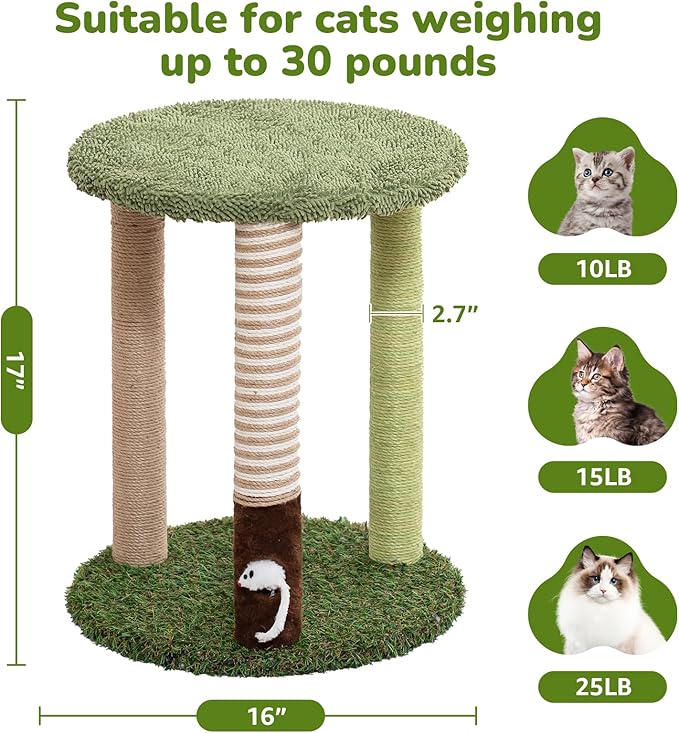 Cat Tree Tower with 3 Scratcher Posts 22inch Tall Cat Tree Sisal Scratching Posts with Fun Cat Toys for Kitty and Adult Cats Small Cat Tower and Perch Bed for Indoor Cats (Green)