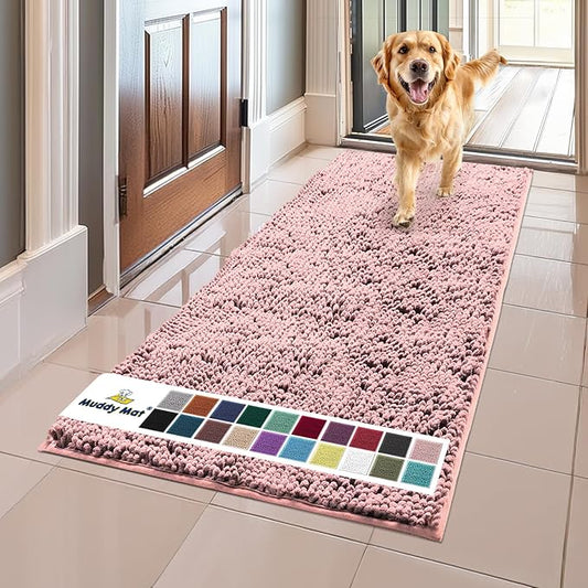 Muddy Mat® | Super Absorbent Door Mat Indoor, Microfiber Quick Dry Chenille Entryway Rug, Non-Slip Front Door Mat, Indoor Mats for Entryway, Machine Washable Pet Rug, Pink 24"x60"