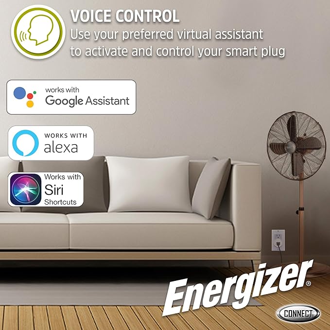 Energizer Connect Smart WiFi Plug, Mobile Connect App Enabled, Voice Controlled, Alexa, Echo, Siri, Hey Google Enabled, No Hub Required, Mini Outlet 15-Watt, 2.4GHz, ETL & FCC Certified