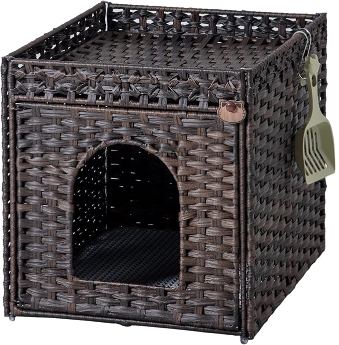 Cat Litter Box Enclosure Furniture, Hidden Litter Box with Mat and Fence, Handwoven Rattan Cat House with Two S-Shaped Hooks for Living Room, Bedroom, 18.5 x 20.5 x 19.1 Inches (Brown)
