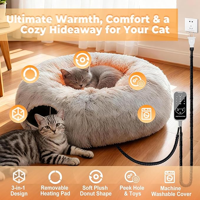 Heated Cat Bed Indoor – 31.5'' Cozy Warming Donut Cat Tunnel Bed with Timer & Temp Adjustable, Removable Waterproof Electric Heating pad, Play & Rest in One, Treat Your Kitty to Warmth & Fun
