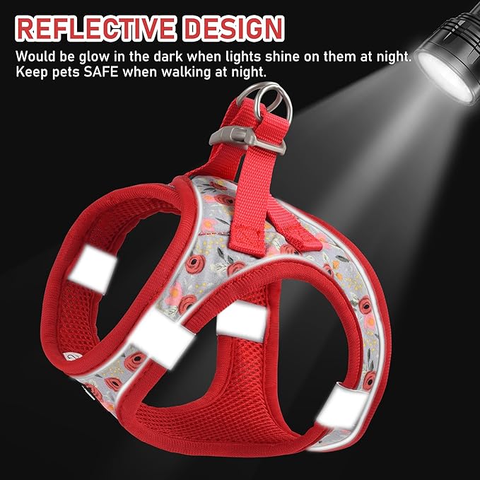 GAMUDA Small Dog Harness Collar and Leash Set, Step in No Chock No Pull Soft Mesh Adjustable Dog Vest Harnesses Plaid Reflective for Dogs Puppy Cats Kitten Rabbit (Red Flower, XS)