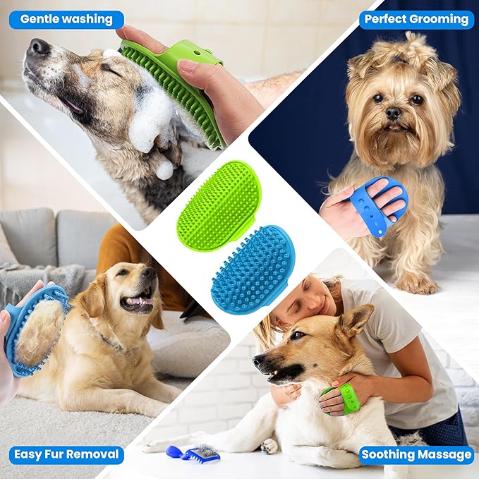 Dog Bathing Supplies – 8PCS Pet Shower & Grooming Kit for Dogs & Cats|Shampoo Dispenser with soft Silicone Bathing Gloves,Scrubber Brush & Finger Toothbrush|Dog Bath Brush for Short & Long Hair