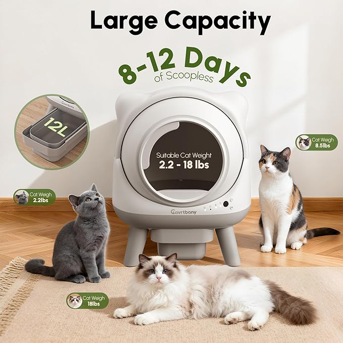 Automatic Litter Box, Self Cleaning Litter Box, Cat Robot for Multiple Cats, with Smart APP Control and Health Monitoring, Safety Sensors, with Trash Bags, White & Grey