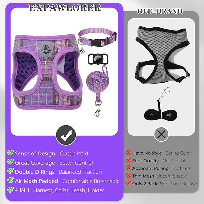 EXPAWLORER Classic Plaid Puppy Harness - Small Dog Harness and Leash Set - Dog Collar and Leash Set with AirTag Holder, Soft Padded Step in Dog Vest Harness No Pull Reflective for Outdoor, Purple M