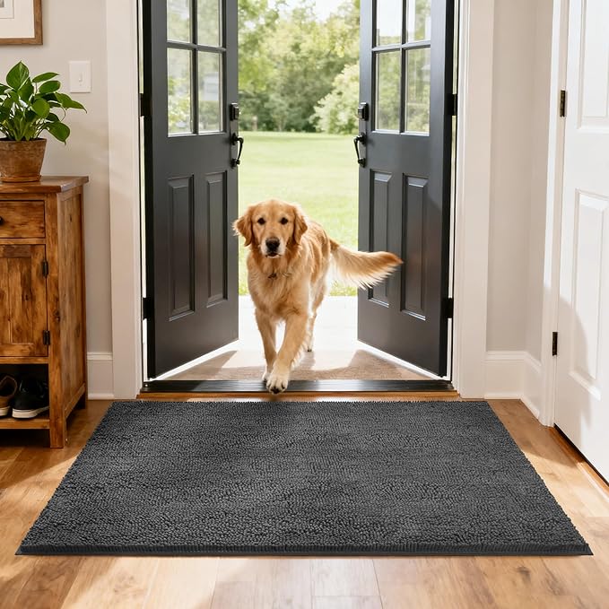 Chenille Absorbent Front Door Mat 48" x 24", Dog Door Mat for Muddy Paws, Trap Dirt Doormat, Mud Mat for Dogs, Washable Non Slip Outdoor Indoor Doormats for Entryway, Grey