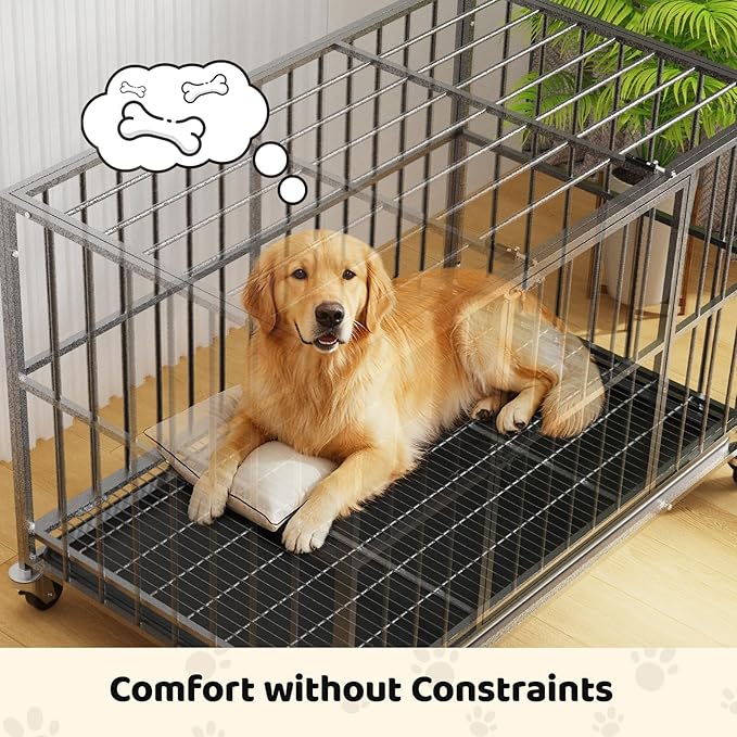 Heavy Duty Dog Crate 48 Inch, Indestructible Dog Crate with Removable Tray, Escape Proof & High Anxiety Dog Kennel Indoor, Metal Dog Cage with Wheels for Large Dogs, XL XXL XXXL