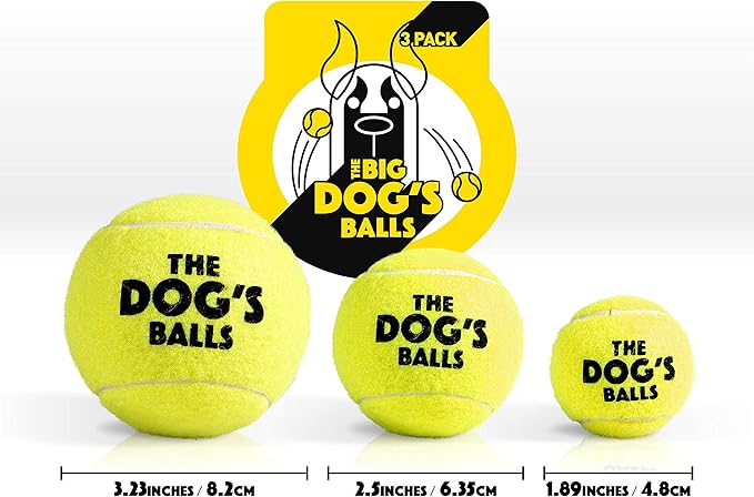 The Big Dog's Balls, Dog Tennis Balls, Yellow 3-Pack, Strong Toy for Agility Training, Puppy Training, Play, Exercise & Fetch 3 Inches Diameter
