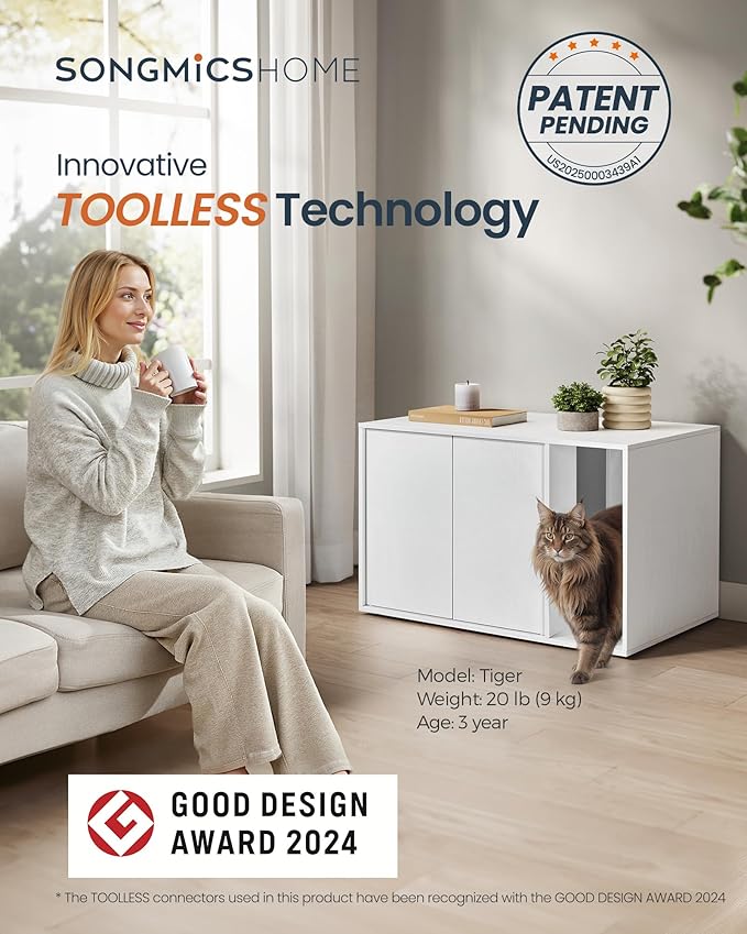 SONGMICS HOME Cat Litter Box Enclosure, Superfast Toolless Assembly, Litter Box Furniture for Large Cats, Display Side Table, Push-to-Open Doors, Minimalist Modern, Snow White UPCL013W01