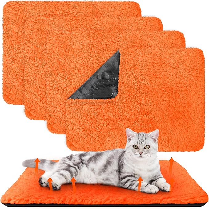 4 Pack Self Warming Cat Pads Self Heating Cat Mat Washable Homeless Dogs Thermal Pads Kennel Pad Reflects Body Heat Warm Crate Bed Mat for Indoor Outdoor Pet(Orange,16 x 20 Inch)