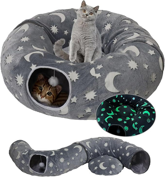Cat Tunnel Bed for Indoor Cats with Washable Cushion Cat Cave Donut Tunnel with Fluffy Ball Big Round Tube Pet Playground Toys Soft Plush Peekaboo for Kitten, Cat, Puppy, Rabbit, Ferret（Moon Star）