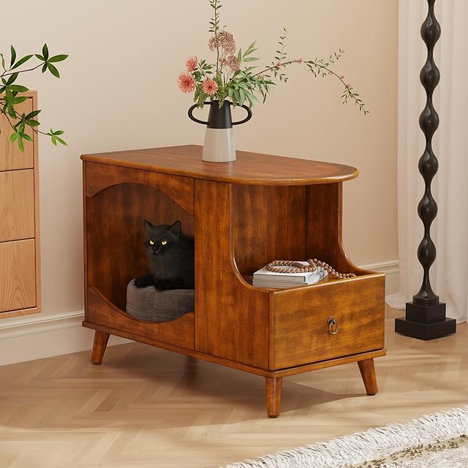 2-Set Pet Litter Box Enclosure, Hidden Litter Box Furniture with Storage Shelf, Indoor Cat House with 1 Drawer, Wooden Cat Washroom Modern Console, Pet Storage Cabinet