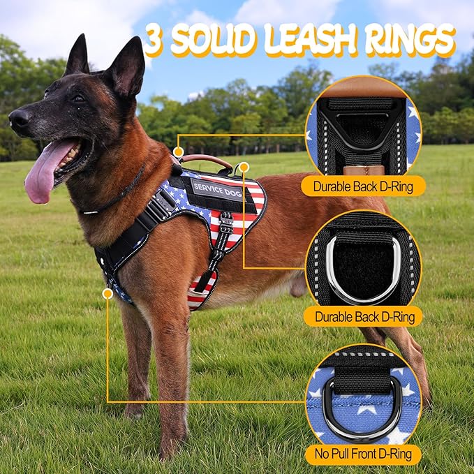 Service Dog Vest - HEYCAHVA Tactical Dog Harness Full Metal Buckles Dog Vest for Large Medium Dog Reflective No Pull Dog Harnesses with Leather Handle, Hook & Loop for Hiking Training (Flag, XL)