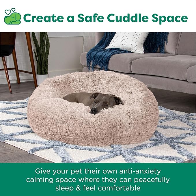 Furhaven 30" Round Calming Donut Dog Bed for Medium/Small Dogs, Refillable w/ Removable Washable Cover, For Dogs Up to 45 lbs - Shaggy Plush Long Faux Fur Donut Bed - Taupe, Medium
