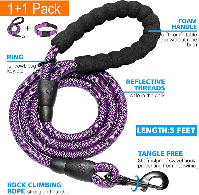 Reflective Dog Collar Padded with Soft Neoprene Breathable Adjustable Nylon Dog Collars for Small Medium Large Dogs (Medium (Pack of 1), Purple Collar+Leash)