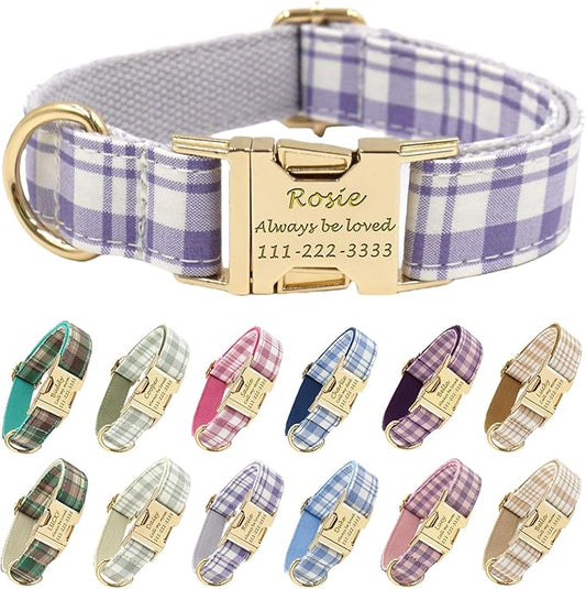 PETDURO Personalized Dog Collar Lavender Plaid for Large Medium Dogs | Engraved Name and Phone Number on Gold Metal Buckle for Girls | Add Leash & Bow Tie via Customize Now
