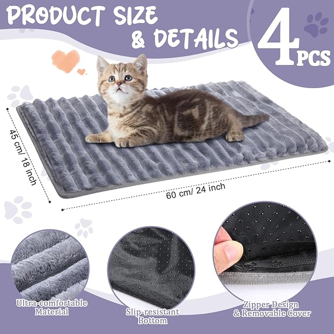 Nuanchu 4 Pack Self Warming Cat Bed 24"x18" Self Heating Dog Cat Pad Bulk Crate Mat Extra Warm Thermal Big Pet Pad for Indoor Outdoor Pets Houses with Removable Washable Cover Non Slip(Grey)