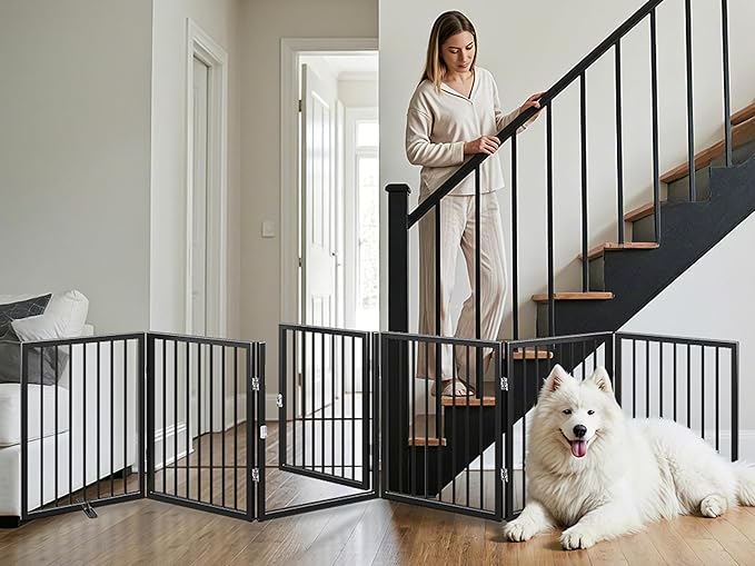 Vantas Folding No-Assembly Metal Pet Gate 120" Wide, 24" Extra Tall Dog Gate with Door Walk Through, Freestanding Accordion Puppy Gate Dog Door for Indoor & Outdoor, with 2PCS Support - Black