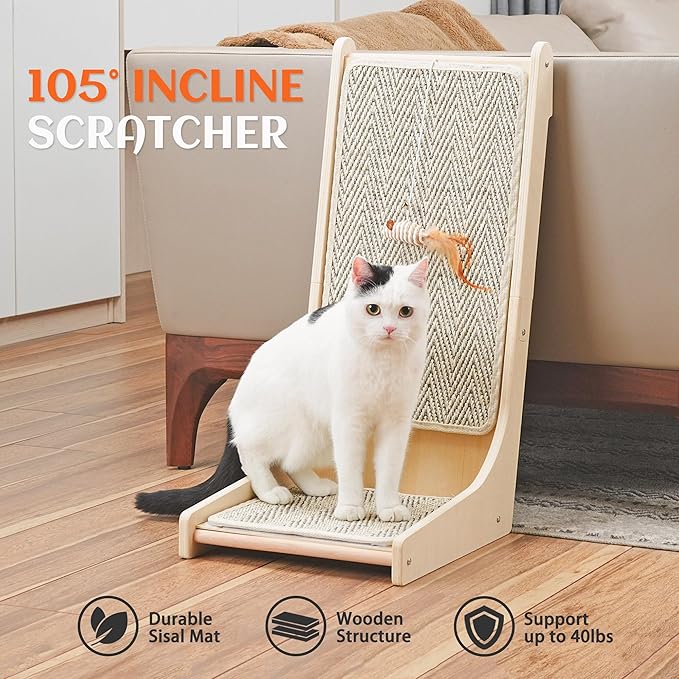 PETKARAY 105° Cat Scratcher, Sisal Kitty Scratch Pad, L Shape Scratching Board for Indoor Cats, Floor Mounted Scratcher with Mouse Toy Catnip, Chevron Style
