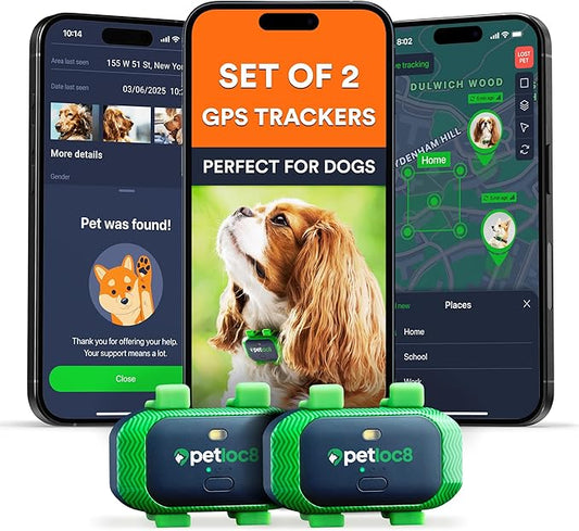 Set of 2 Dog GPS Trackers - Real-Time Location Tracking Device with App - Smart Alerts & Geo-Fence - Collar-Compatible, Waterproof - Long-Life Battery - iOS & Android - (Subscription Required)