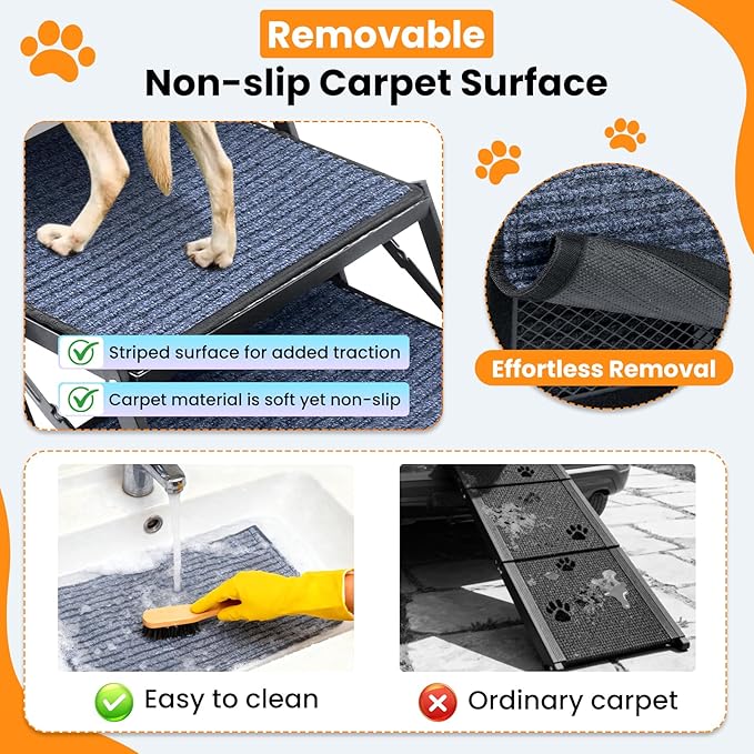 Dog Stairs for Car, 42''x 17'' Extra Wide Dog Stairs for Large Dogs to 250 LBS, Portable Dog Steps with Removable Non-Slip Surface, 4 Steps Foldable Dog Ramp for Car, SUV, High Bed/Couch