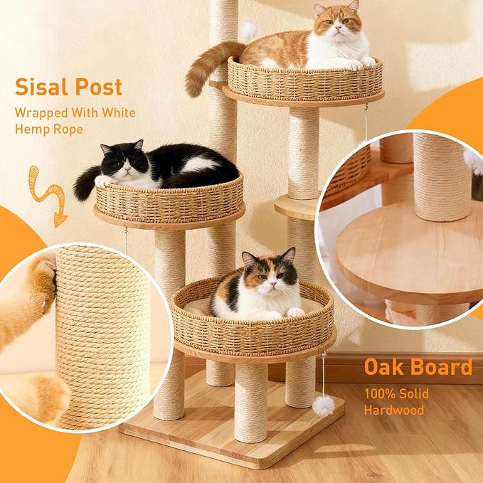 Modern Cat Tree for Indoor Cats Large Adult, 54‘’ Tall Cat Tower with Scratching Post, Wooden Cat Tree for Large Cats with Multi-Levels, 4 Weaving Washable Handwoven Rattan Cat Condo