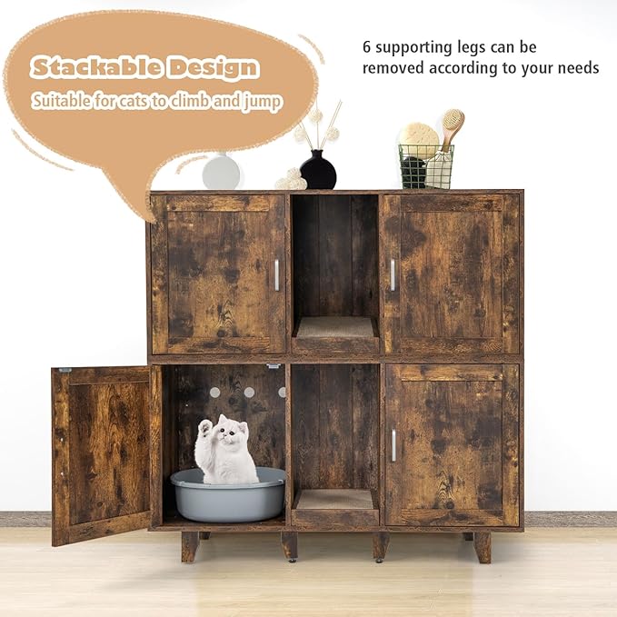 Tangkula Double Cat Litter Box Enclosure for 2 Cats, Large Stackable Hidden Privacy Washroom Cabinet, Indoor House TV Stand With Scratching Board, Litter Box Furniture (Rustic Brown)