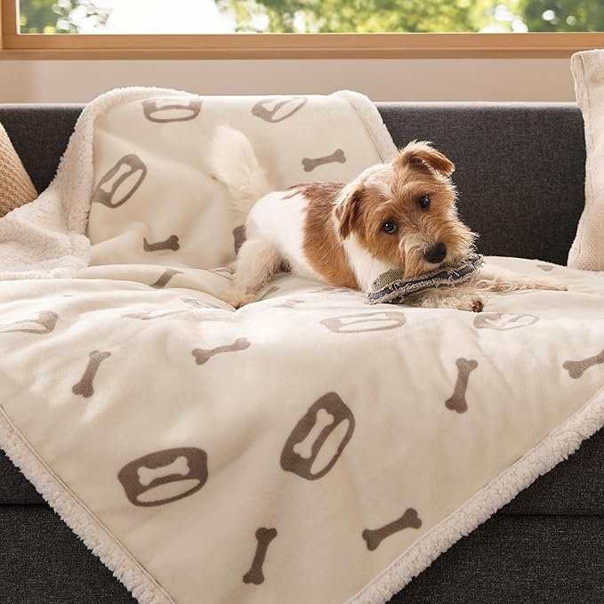 Bedsure Waterproof Dog Blankets for Medium Dogs Washable - Soft Print Sherpa Fleece Puppy Cat Blanket, Cozy Plush Reversible Throw Furniture Protector for Pet Kitten Doggy, 30"X40", Beige