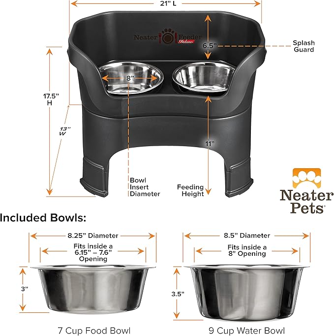 Neater Feeder Deluxe Mess Proof Dog Bowls Elevated for Large Dogs – Made in USA – No Spill Raised Dog Food Bowl Stand w/Leg Extensions – Stainless Steel Dog Food and Water Bowl Set – Black