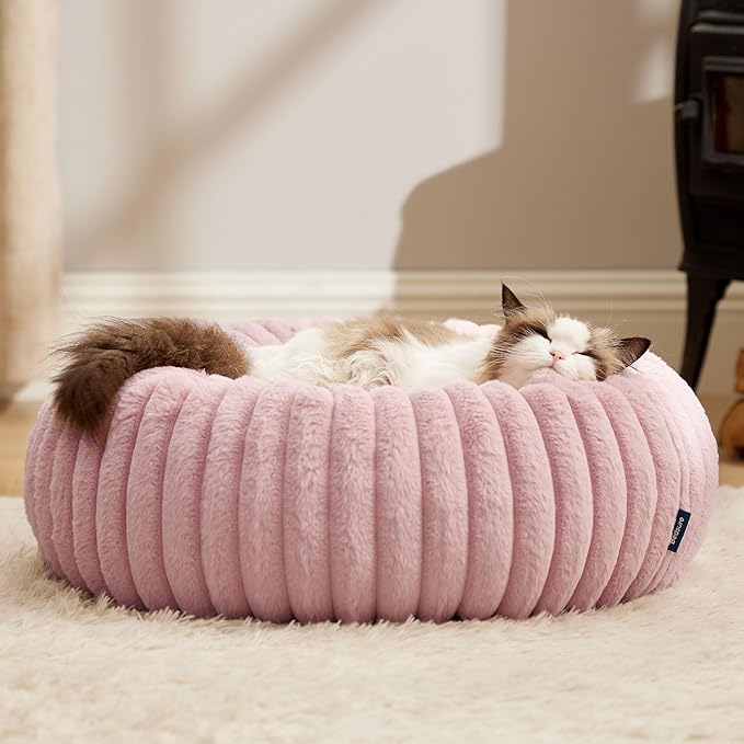 Bedsure Cat beds for Indoor Cats - Donut Dog Beds for Small Dogs with Corduroy Fleece & Anti Slip Bottom, Faux Fur Pet Beds with Washable Removable Cover, Blush Pink, 20x20x6 inches