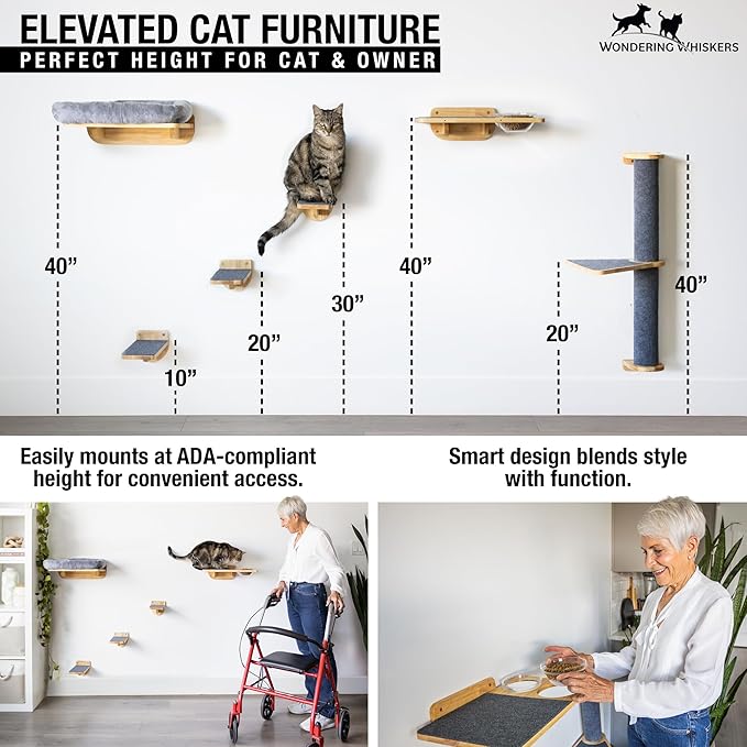 Cat Wall Shelves – Cat Wall Climber with Scratching Post, Removable Bed, Climbing Steps, and Feeding Terrace with Glass Bowls, Waterproof Rubberwood Pet Furniture