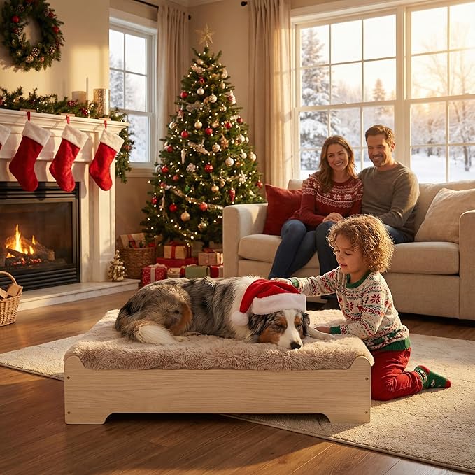 GLOSSGODS Elevated Dog Bed and Mattress with Removable Washable Cover, Egg Crate Foam, Wooden Frame, Suitable for Pet Up to 50 lbs, Naturalwood M