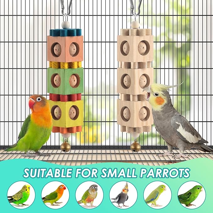 2Pcs Bird Chew Toys for Beak Grinding, Hanging Rotating Wood Block with Bell Parrot Foraging Enrichment Toy for Small to Medium Cocktiel, Conure, Caique
