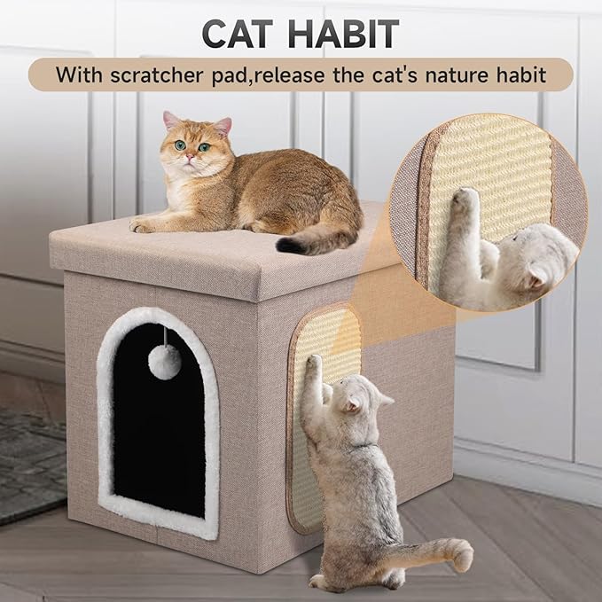 Cat Litter Box Enclosure, Foldable Hidden Litter Box with Mesh Storage Bag, Litter Box Furniture Hidden with Waterproof Inside, Easy Clean, Odor Control, Easy Assembly, 21.6”L x 17.7”D x 17.7”H, Beige