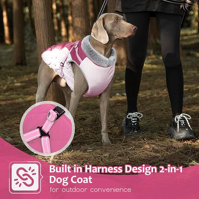 Dog Winter Coat with Harness, Dog Jacket, Pet Clothes with Zipper on Back, Waterproof Windproof Warm Vest, Reflective Cold Weather Coats, for Small Medium Large Dogs, Thick, Pink, 2XL