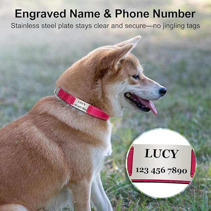 Personalized Dog Collars with Custom Name and Phone Number, Reflective Nylon Pet Collar with Engraved ID Tag, Soft Padded, Quick Release for Small Medium Large Dogs