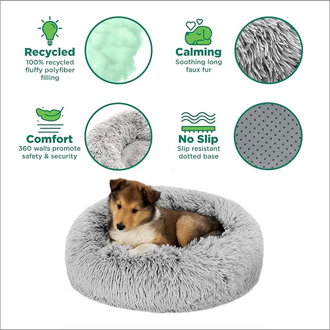 Furhaven 30" Round Calming Donut Dog Bed for Medium/Small Dogs, Refillable w/ Removable Washable Cover, Up to 45 lbs - Shaggy Plush Long Faux Fur Donut Bed -Mist Gray, Medium,30.0"L x 30.0"W x 10.0"Th
