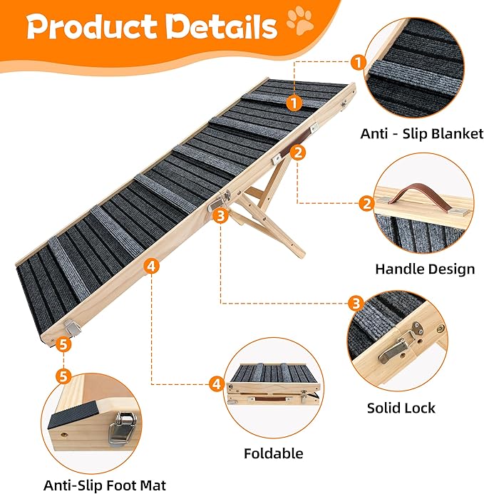 Dog Ramp for Bed-Non-Slip - Extra Wide Pet Ramp for Small Large Dogs to Get on Couch Car Wooden Foldable Dog Ramp Seamlessly Connects Platform -Hold up to 110 Pound-Adjustable, Foldable (L)