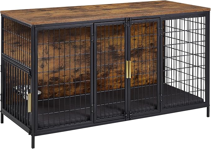 VECELO Dog Crate Furniture for Medium/Large Dogs, Wooden Dog Cage with Cushion, Double Door, Dog Kennel End Table, Brown