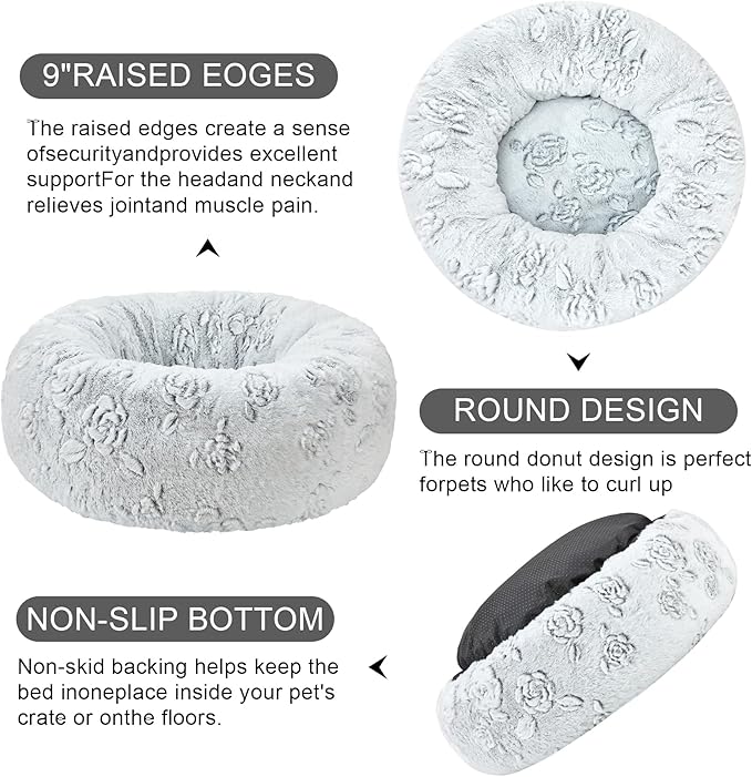 Dog Calming Beds for Small Medium Large Dogs - Round Donut Washable Puppy Dog Bed, Anti-Slip Faux Fur Fluffy Donut Cuddle Anxiety Cat Pet Bed (24" Rose)