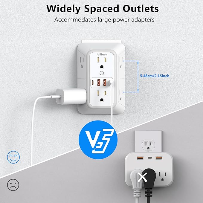 2 Pack Outlet Extender Surge Protector, 6 Outlet Splitter with 4 USB Outlet (2 USB A,2 USB C), 3Sided Power Strip with Adapter Spaced Outlets for Home, Office, Travel(White)