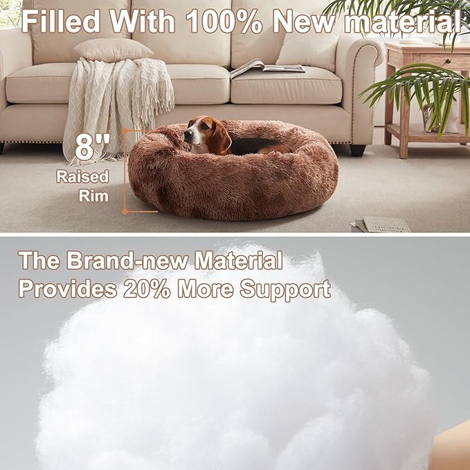 33 inches Donut Dog Bed for Medium Large Dogs,Calming Fluffy Round Pet Bed with Removable & Washable Cover,Fits up to 65 lbs Pets(Tie-dye Brown,M Plus)