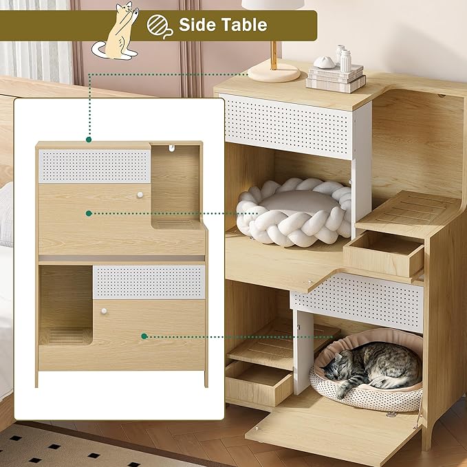 Modern 2 in 1 Cat Furniture, Cat Litter Box Enclosure Side Table, Cat House with Storage, for 2 Small-Medium Sized Cats, Natural
