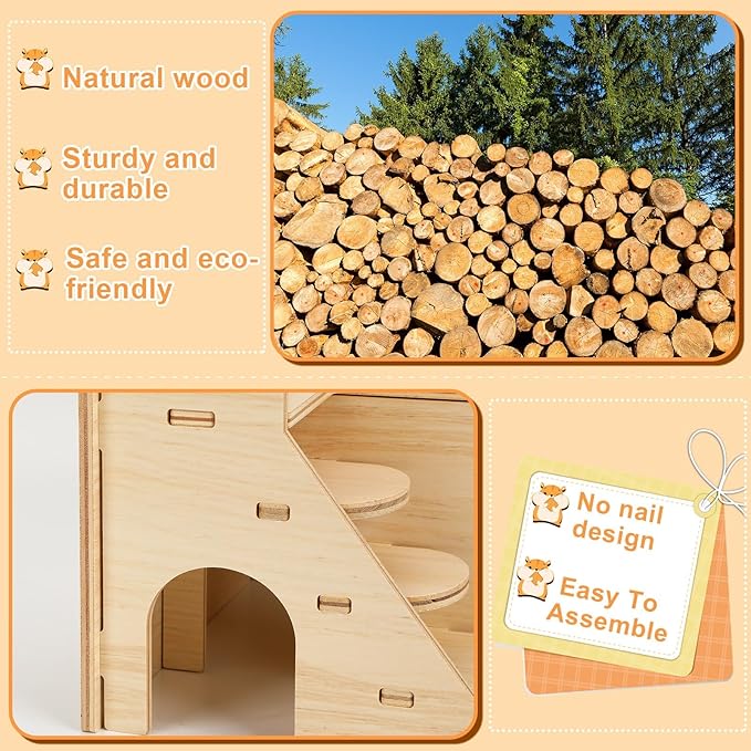 2 Pack Hamster Houses and Hideouts, Easy to Assemble Wooden Hamster Castle Small Animal House Bed with Stairs