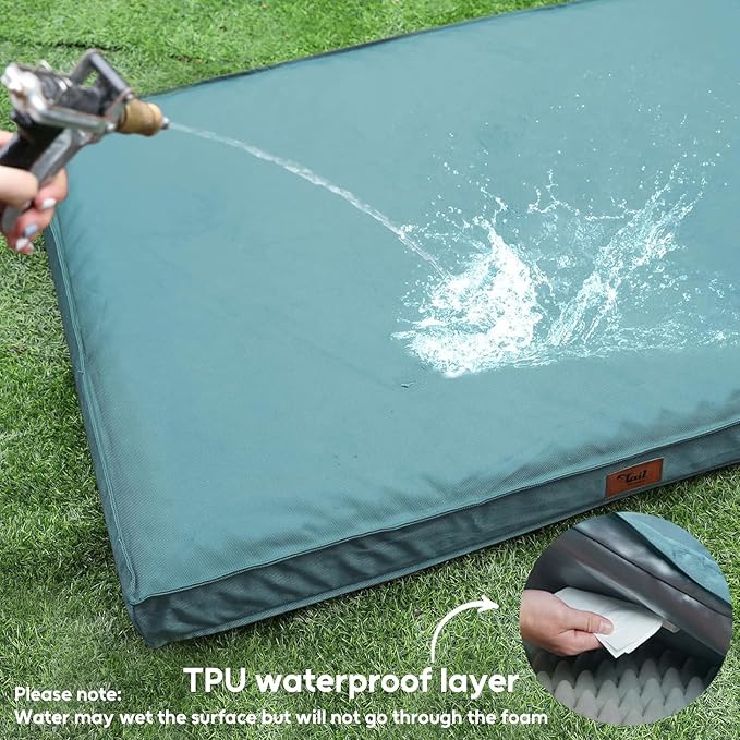 Outdoor Large Washable Dog Bed, Orthopedic Egg Crate Foam Dog Crate Mat for Large Dogs with Removable Oxford Cooling Cover, Light Blue