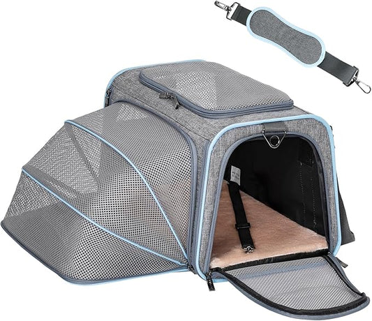 Petsfit Expandable Cat Carrier Dog Carriers,Airline Approved Soft-Sided Portable Pet Travel Washable Carrier for Kittens,Puppies,Removable Soft Plush mat and Pockets,Locking Safety Zippers