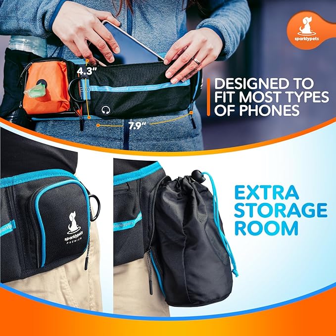 SparklyPets Double Bungee Waist 2 Dog Leash with Back Brace – Dual Dog Leash for Medium/Large Breeds – Running Belt Fanny Pack with Phone, Waste, Treat, and Bottle Pockets