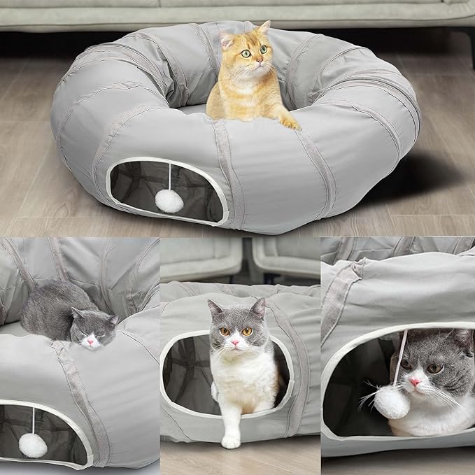 AUOON Cat Play Tunnel - Christmas Tree Cat Tunnel, Round Cat Tunnel with Bed | Interactive Cat Toys for Indoor Cats Kitten Kitty Puppy Rabbit Ferret (Light Grey)