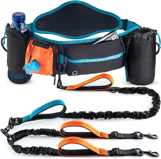 SparklyPets Double Bungee Waist 2 Dog Leash with Back Brace – Dual Dog Leash for Medium/Large Breeds – Running Belt Fanny Pack with Phone, Waste, Treat, and Bottle Pockets